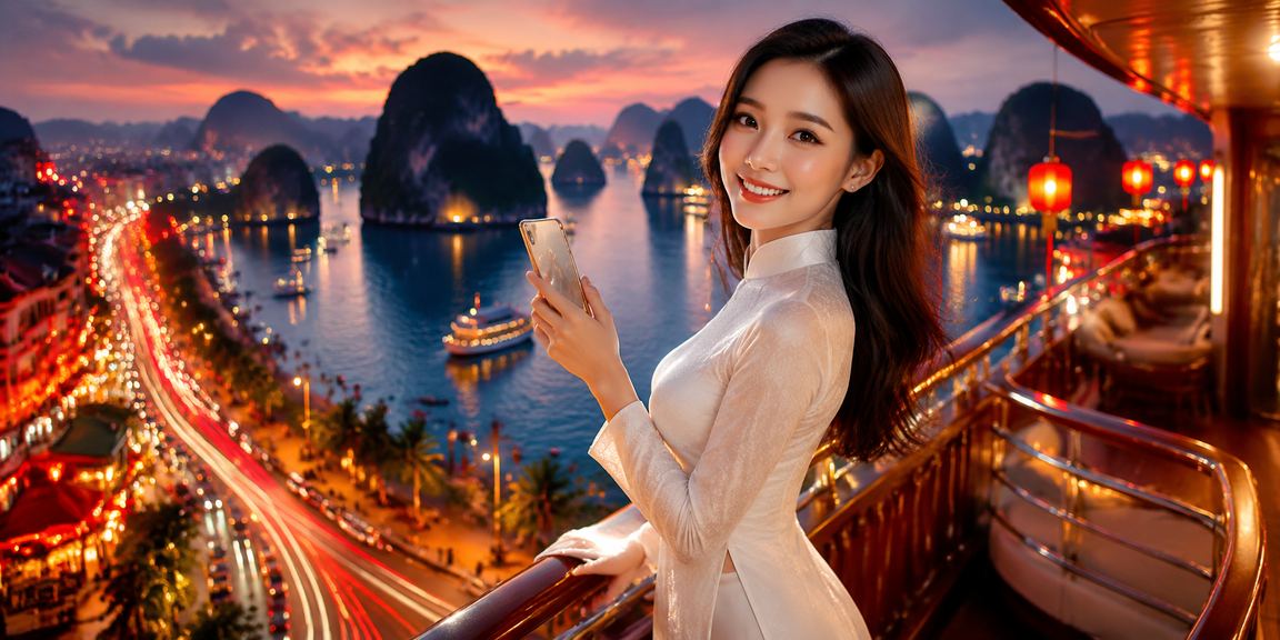 Người phụ nữ mặc áo dài dùng điện thoại casino nhìn ra Vịnh Hạ Long trong buổi chiều