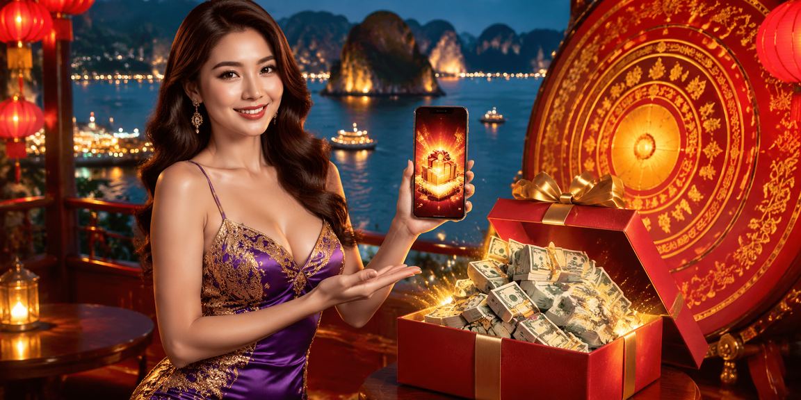 Người dùng trải nghiệm casino di động trên điện thoại với phong cảnh Vịnh Hạ Long hùng vĩ phía sau