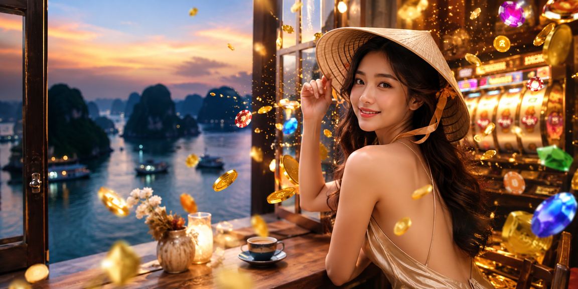 Người chơi slot game đội nón lá tại vịnh Hạ Long, không khí truyền thống kết hợp hiện đại