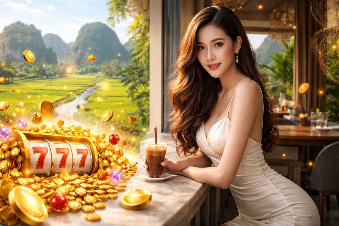 Người chơi slot game tại quán cà phê Ninh Bình, phong cảnh thiên nhiên và không khí thư giãn buổi sáng